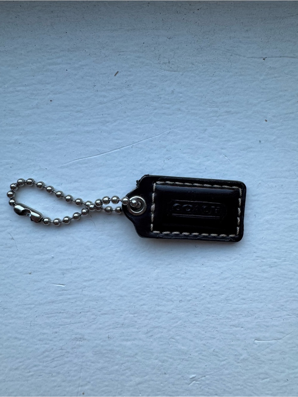 COACH Black Leather Key & Card Holder Tag with Silver Ball Chain